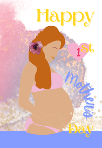 pregnancy woman in pink bikini in water; text "happy 1st mother's day"