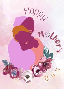 mother wearing purple and child wearing pink; text "happy mother's day" o is a heart