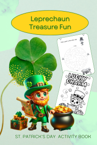 Text: Leprechaun Treasure Fun ; Large green clover ; leprechaun with map next to pot of gold,